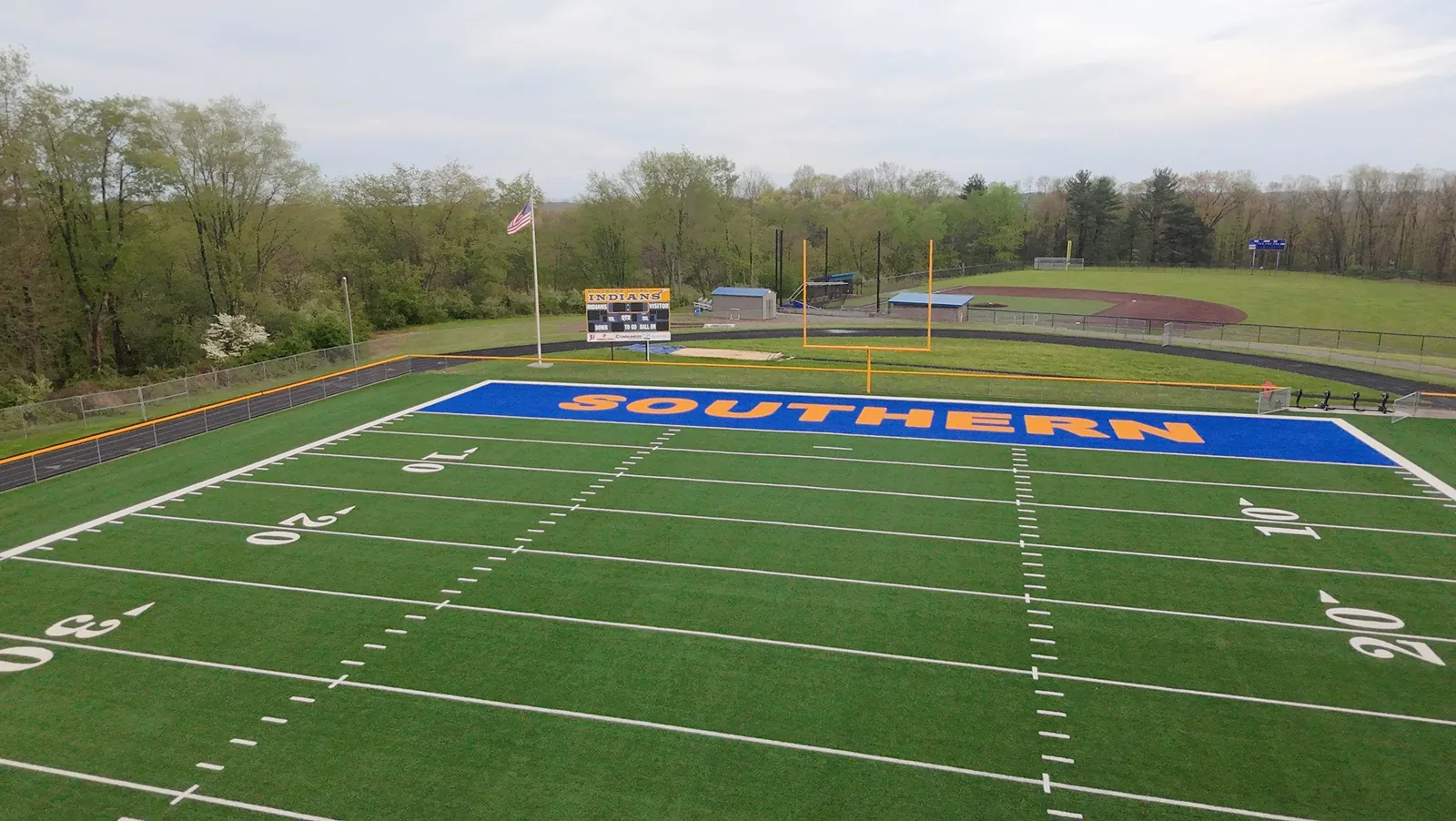 The Southern Local football field in Salineville, Ohio, with SOUTHERN painted in the end zone.