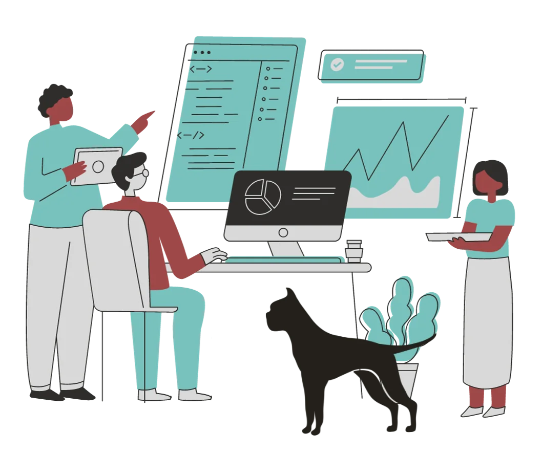 Illustration of three people coordinating on digital marketing needs, code, analytic reports, technology, and images, with a dog. 