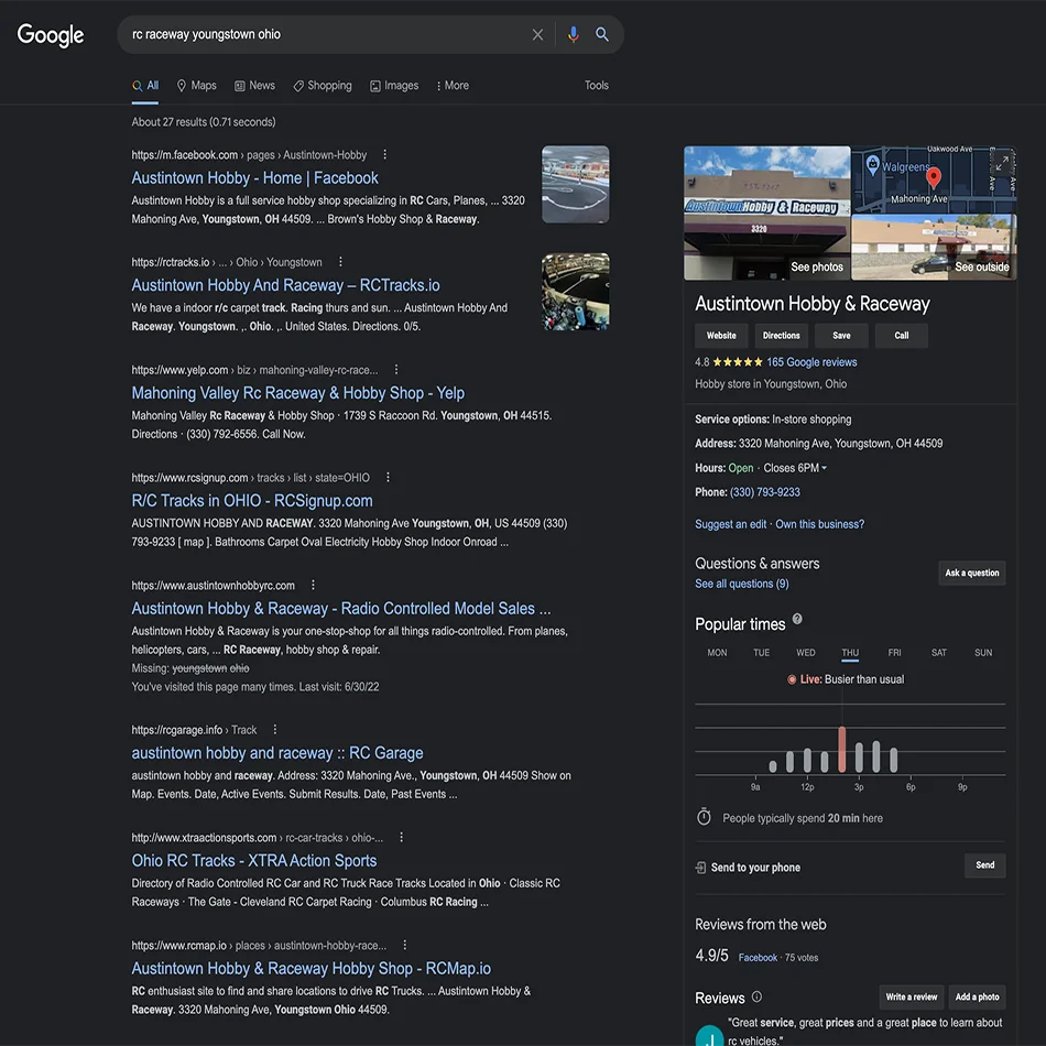 Austintown Hobby & Raceway of Youngstown Ohio and LC3 Creative - search engine results page