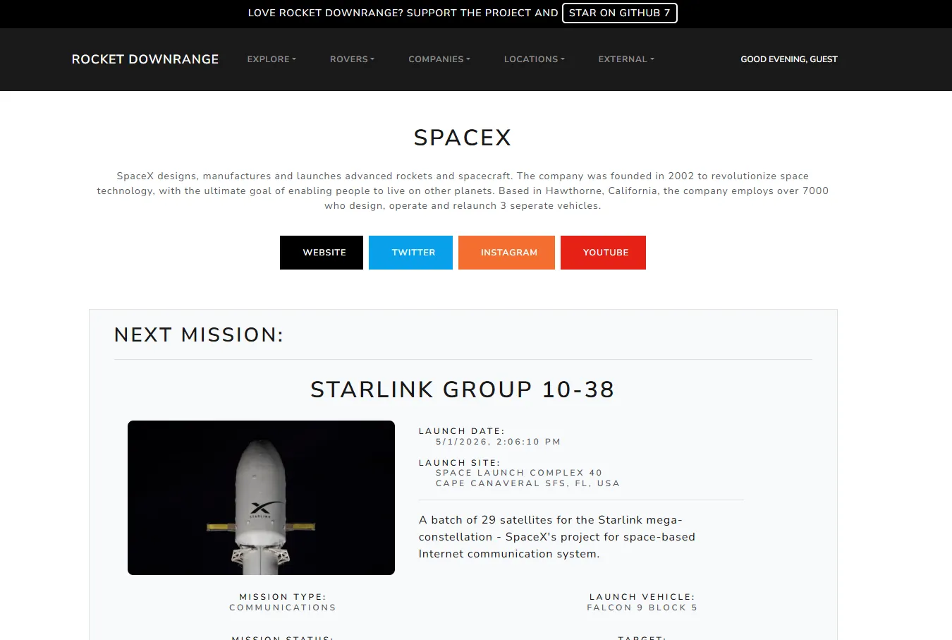 Rocket Downrange SpaceX company page